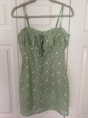 Hazel Boutique Spring Floral Green Ruffled Spaghetti Strap Dress with Tie Detail